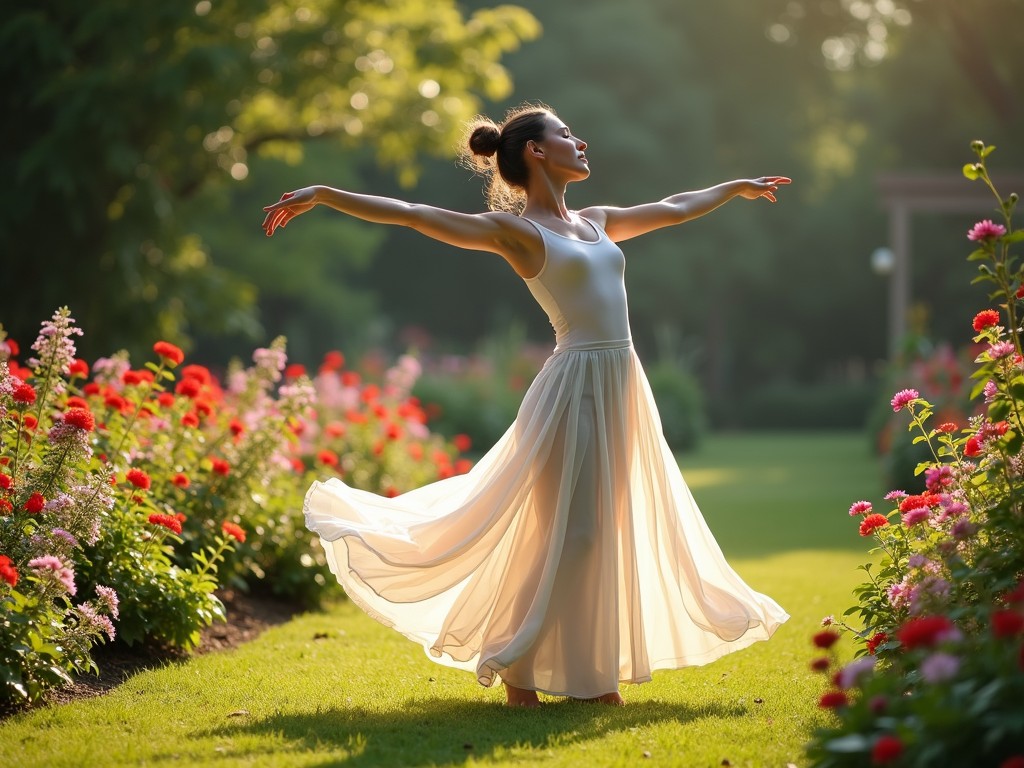 A graceful dancer twirls in a lush garden, bathed in soft, golden sunlight. Her flowing white dress adds an ethereal quality to the scene, creating a sense of harmony and freedom amidst the vibrant red and pink flowers that border the path. The moment captures a serene blend of nature and movement, evoking feelings of joy and tranquility.