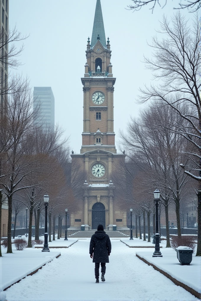 A person walks toward a clock tower in a snow-covered cityscape.