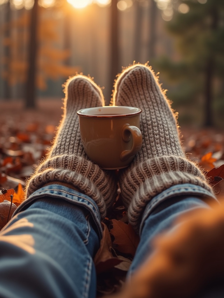 Close-up photograph of feet wearing warm knitted socks. A cup of tea rests between the feet. The background features fallen autumn leaves and trees. Warm golden sunlight highlights the scene.