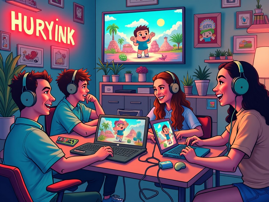 The image features four friends enjoying a gaming session together, sitting around a table with their laptops and tablets. The room is colorful and cozy, with plants and posters adorning the walls. There's a TV in the background displaying an animated show. Each friend is wearing headphones, deeply engaged in their activities. The atmosphere is cheerful and lively, reflecting a fun friendship. This scene embodies modern gaming culture with a family-friendly twist.