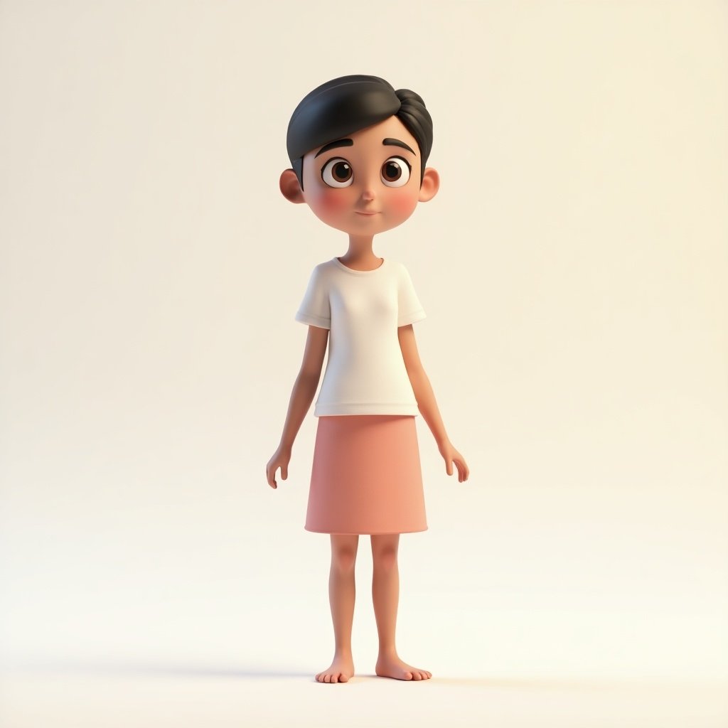 Stylized 3D model of a teenage female figure. She stands in a neutral pose. Delicate physique and friendly appearance. Rendered in full Pixar animation style. Minimalist background highlights the figure. Ideal for animations and video games.