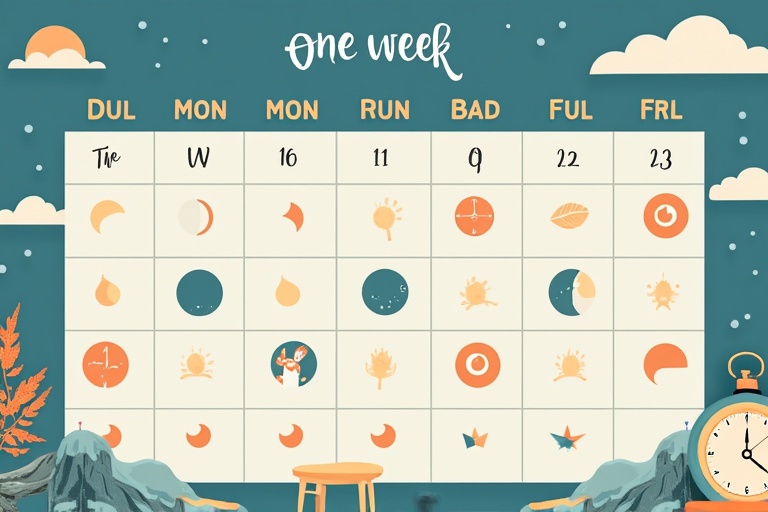 Colorful weekly calendar. Illustration of daily activities. Days of the week represented with symbols. Includes decorative elements like plants and clocks. Simple and playful design.