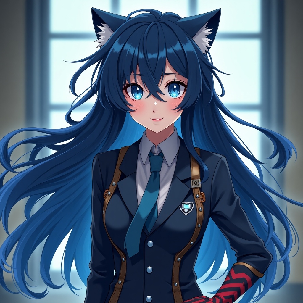 Anime character with long dark blue hair and blue eyes. Dressed in a mechanic outfit. Features cat-like ears. Standing confidently with a soft smile.