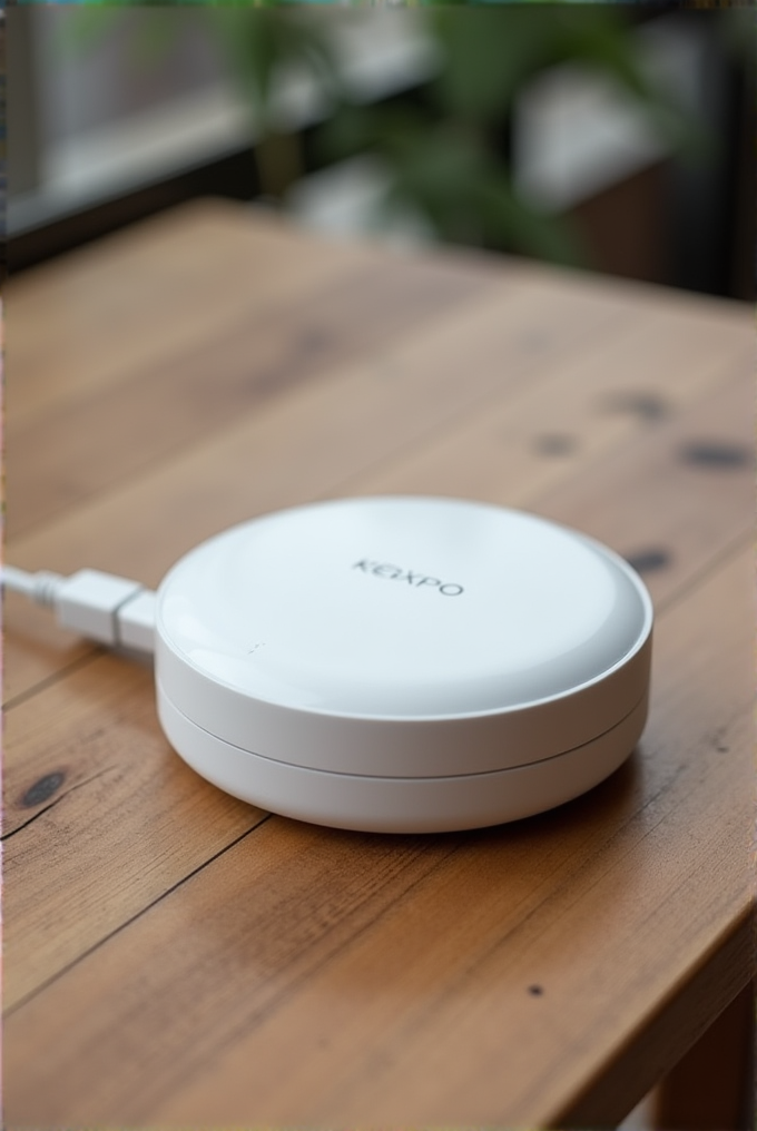 A sleek, white electronic device with the word 'KEXPO' on it, placed on a wooden table, connected via a USB cable.