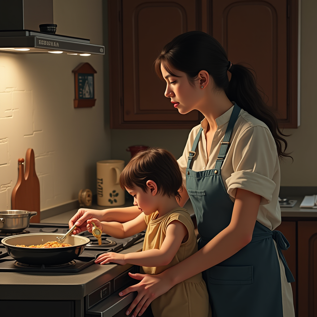 A mother and her child are cooking together in a warm, cozy kitchen.