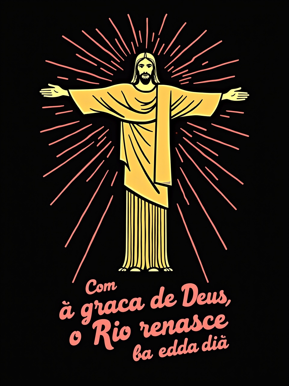 An illustration of Jesus with arms open, surrounded by radiant light, along with a motivational phrase in Portuguese about rebirth and grace against a black background.