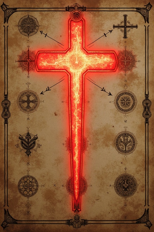 Medieval manuscript-style digital illustration depicting papal symbols of St. Malachy's prophecy. Last symbol highlighted glowing in red. Ancient paper texture. Dramatic lighting. Vertical format.