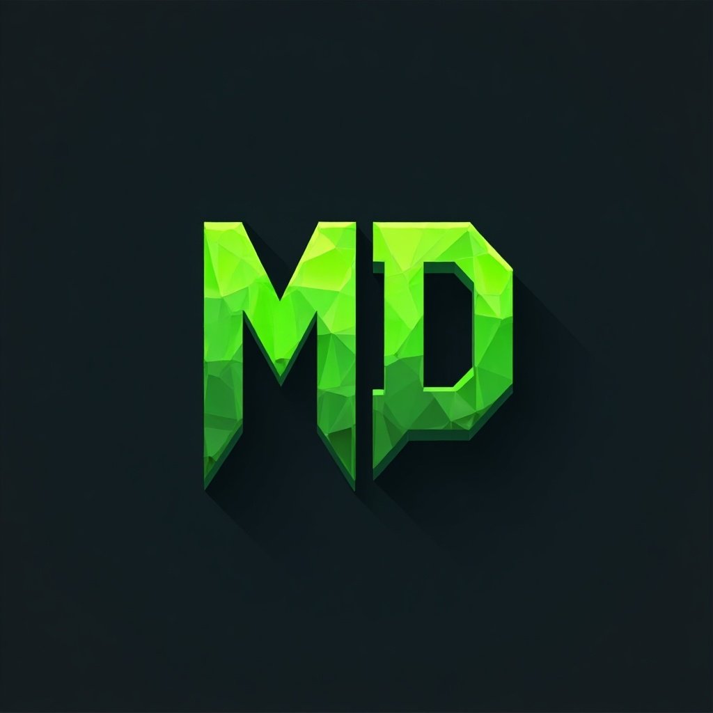 Logo design for Minecraft server named MineDragon. Features prominent greenish letters 'MD' at center. Simple modern icon style for gaming communities.