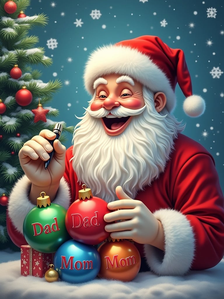 Image of Santa Claus joyfully writing names on colorful Christmas baubles. Santa is surrounded by a snowy backdrop decorated with festive greenery. Baubles have names Dad, Mom, and Carebear. Santa wears traditional red suit and has a cheerful smile. Colors are vibrant and enhance holiday spirit. Scene embodies warmth and joy of Christmas. It highlights theme of personalization during holidays.