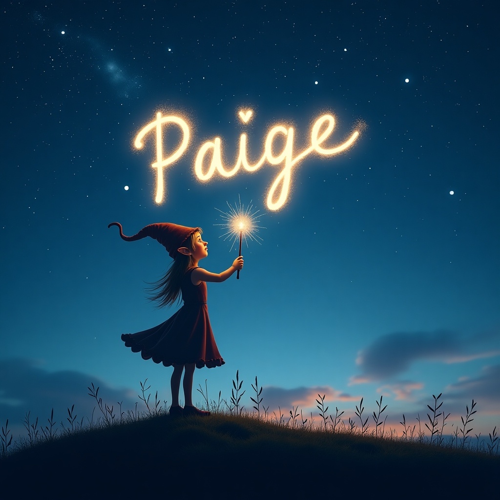 Whimsical scene features an elf-like figure standing on a hill under a starry sky. Elf writes the name 'Paige' in glowing light. Soft twilight hues illuminate the landscape. Elf holds a sparkling wand. Enchanting setting evokes wonder and creativity. Night sky enhances the magical atmosphere.