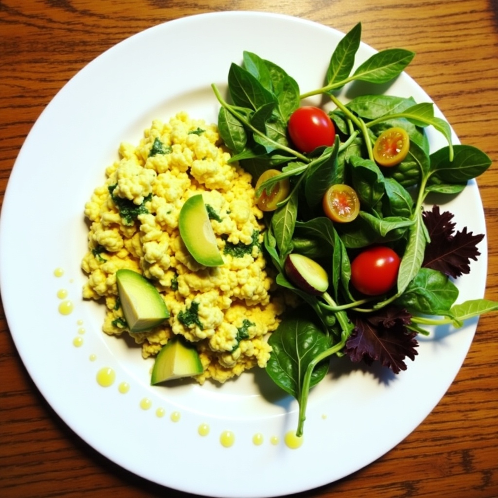 This image features a plate of avocado scrambled eggs accompanied by a fresh side salad. The scrambled eggs are bright yellow, dotted with green herbs and pieces of avocado. The salad includes vibrant green leafy greens, cherry tomatoes, and a drizzle of dressing. The presentation is on a white plate against a wooden table, enhancing the food's colors. This dish exemplifies a healthy and appetizing meal option for breakfast or brunch.