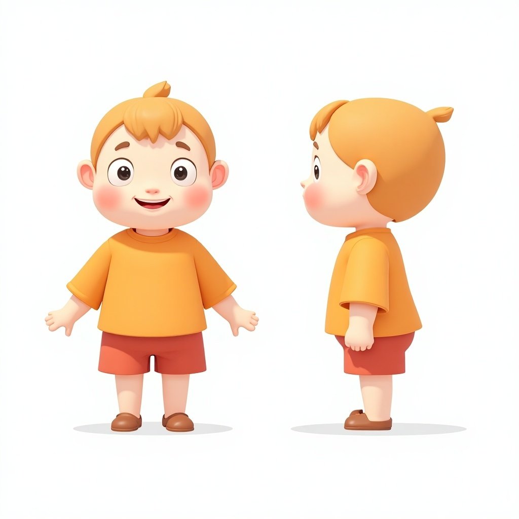 Cartoon character designed in a minimalist style. Character has a cheerful personality with a rounded face and short hair. Outfit is simple and bright. Displayed in four perspectives: front, side, back, and 3/4 view. Background is plain white suitable for animation.