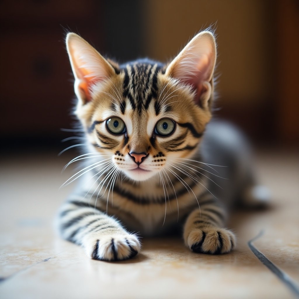 Close-up portrait of a cute tabby kitten. Kitten lying on the floor. Kitten looking directly at the camera. Kitten has curious eyes.