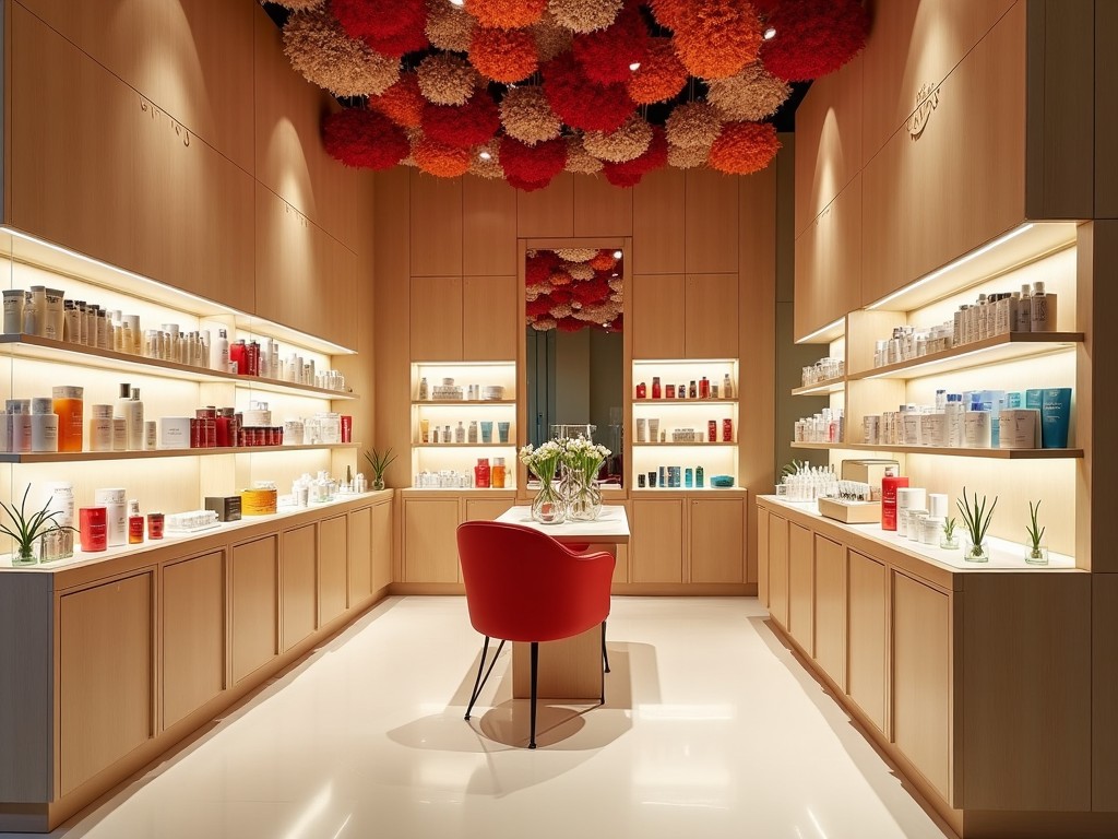 A modern beauty salon showcasing a variety of skincare and cosmetic products with stylish interior design.