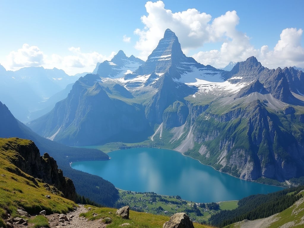 A picturesque view of Mount Pilatus in Switzerland. Features a clear blue lake surrounded by majestic mountains. Bright blue sky with fluffy clouds. Lush green hills leading to the mountain. Perfect for showcasing natural beauty in travel imagery.