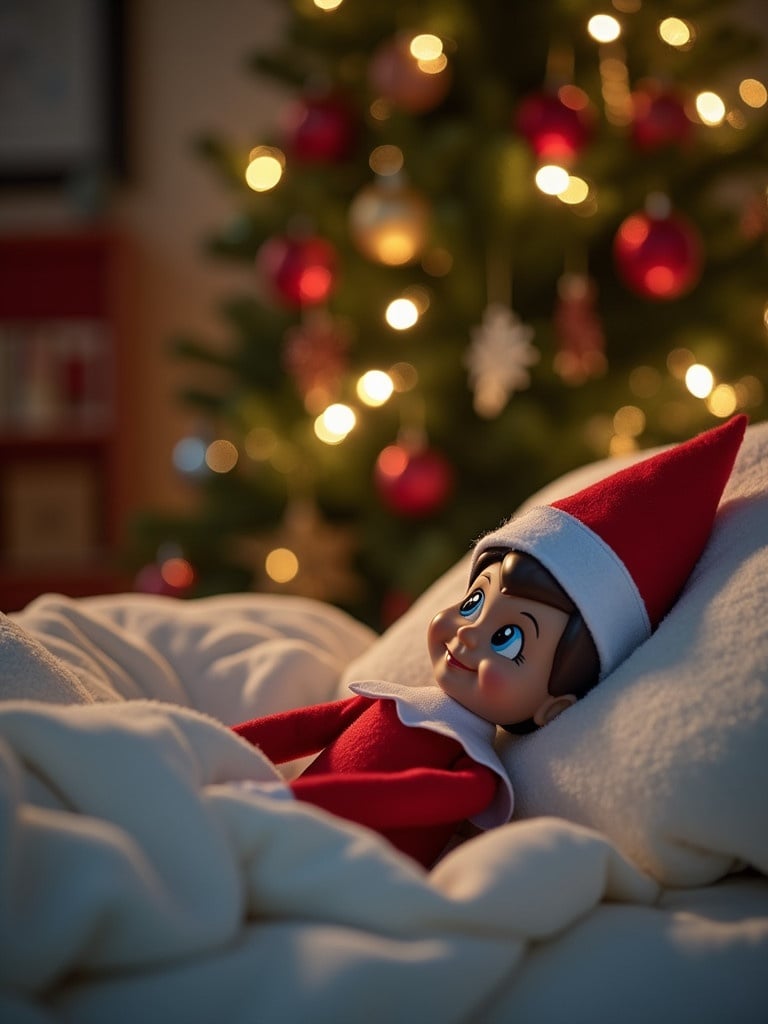 Image of Elf on the Shelf asleep in bed. Soft lighting highlights a decorated Christmas tree with holiday ornaments in the background.