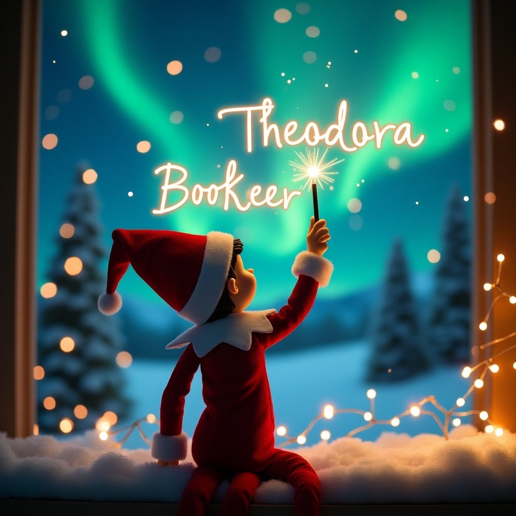 An enchanting Christmas scene featuring three elves on the shelf, who are facing the sky with their backs to the viewer. The first elf, dressed in red and white, is wielding a magic wand, writing 'Theodora', 'Booker', and 'Miles' in glowing script above him. The backdrop is adorned with vibrant northern lights, enhancing the magical ambiance. Soft, twinkling lights surround the scene, evoking the spirit of Christmas with a whimsical twist. The position and action of the elves create a sense of wonder and excitement that captures the joy of the holiday season.