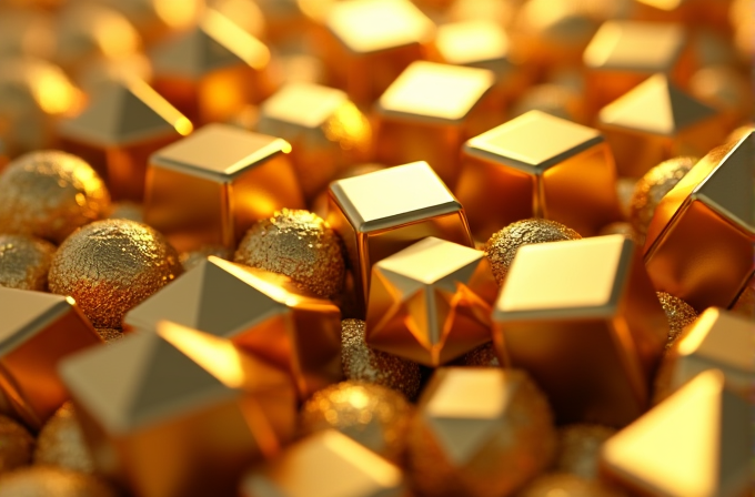 An array of golden shapes, including spheres, cubes, and pyramids, reflecting a warm, luminous light.