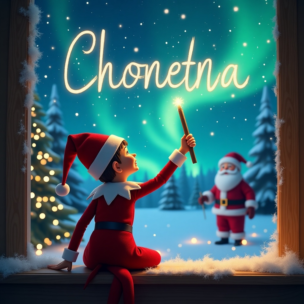 A whimsical scene featuring an elf on the shelf with his back facing the viewer. The elf is joyfully holding a wand and writing a child's name in the sky. The background is a magical Christmas setting, complete with twinkling lights and a snowy landscape. In the distance, Santa Claus is standing, adding to the enchanting atmosphere. The sky showcases vibrant northern lights, enhancing the holiday magic. Overall, the scene is festive and evokes a sense of wonder and joy.