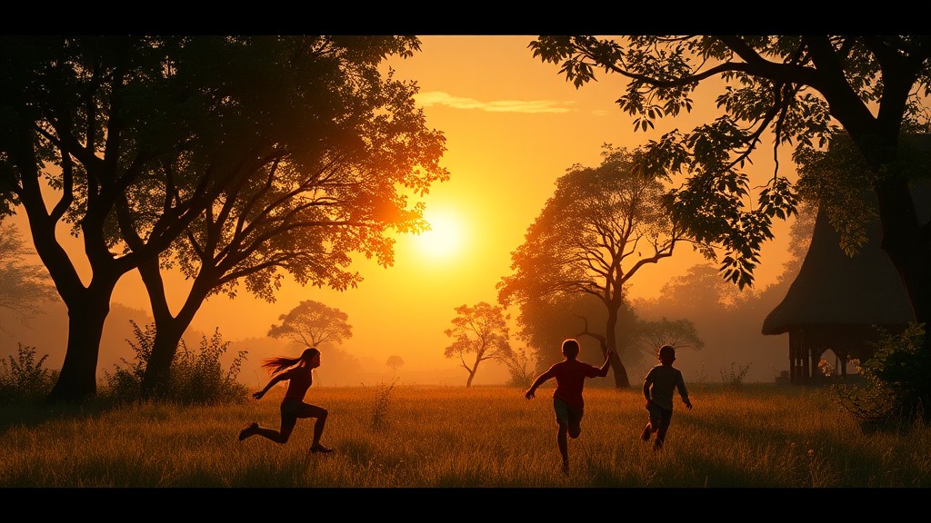 Children playing in a sunlit meadow during a golden sunset.