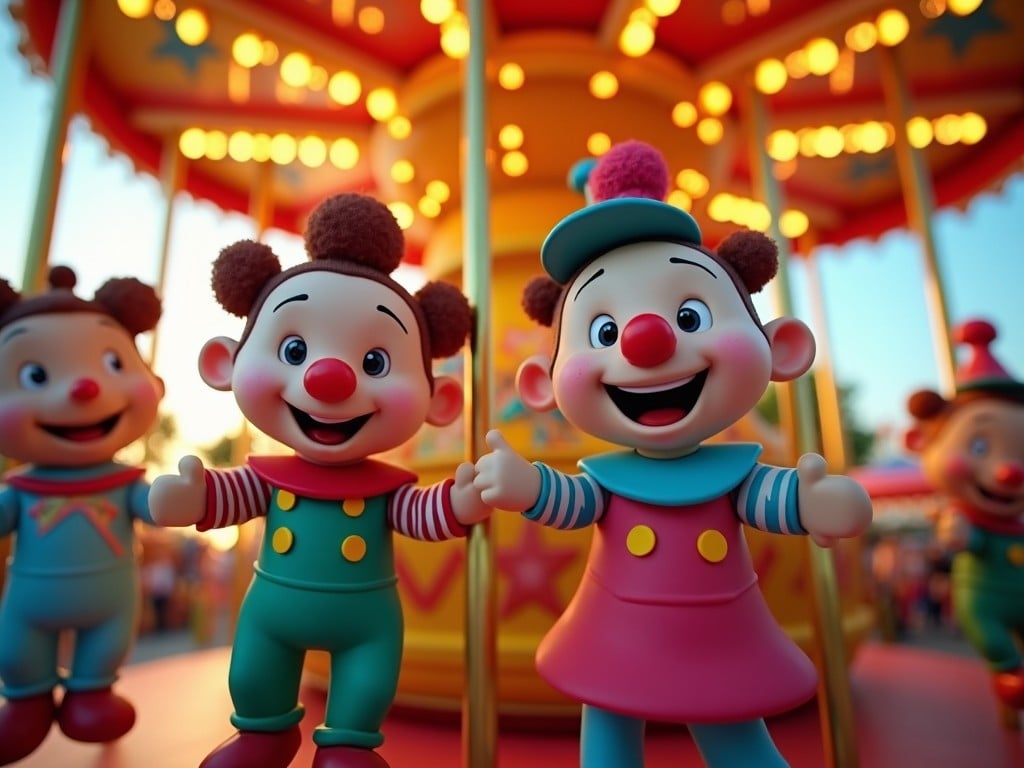 A vibrant scene at an amusement park with cheerful, cartoon-like clowns near a colorful carousel, exuding happiness and warmth.