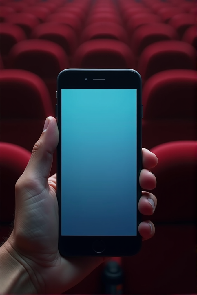 A hand holds a smartphone with a blank screen in the foreground against the backdrop of a dimly lit, empty cinema with rows of red seats.