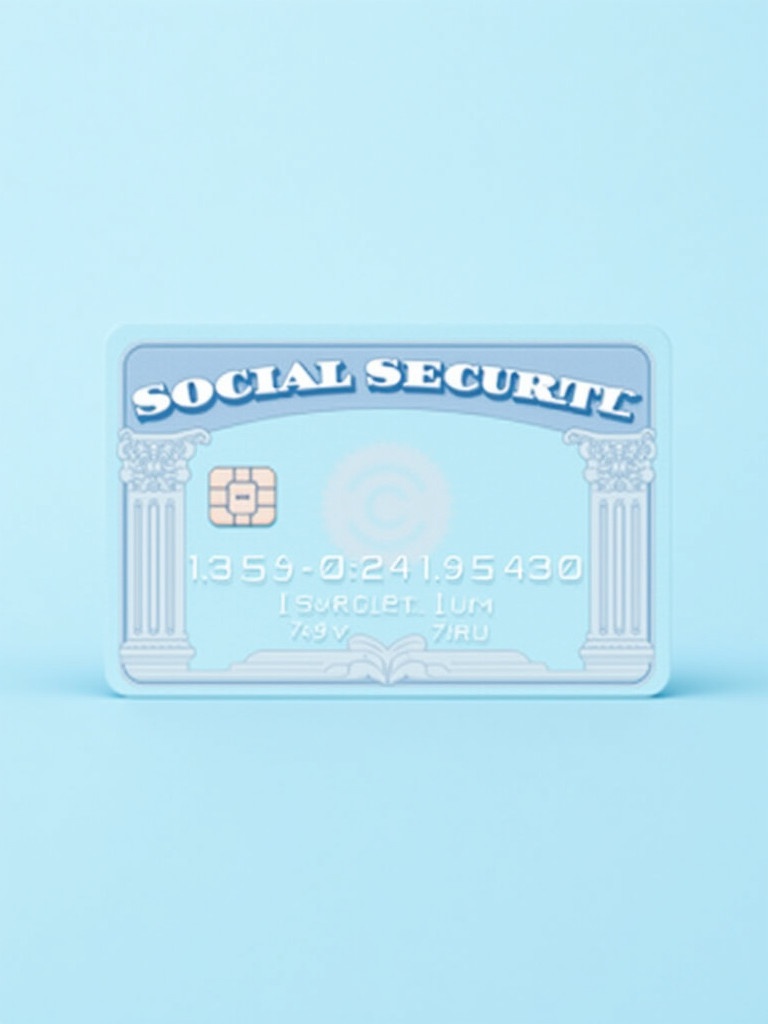 Depiction of generic social security card. Text 'SOCIAL SECURITY' at the top. Key numbers '154-02-6140' visible. Card features graphic chip for modern identification. Decorative elements indicate official nature. Background is soft blue.