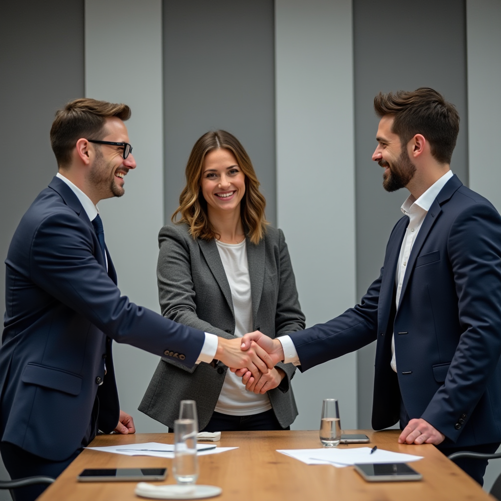 Three professionals in a meeting room shaking hands and smiling.