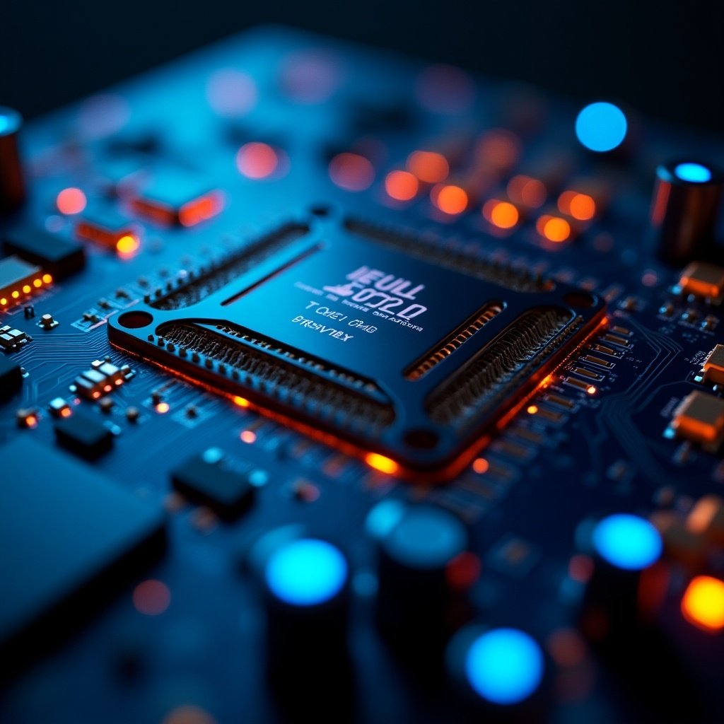 Close-up of a futuristic glowing circuit board featuring neon blue and orange lights with a prominent microchip design.