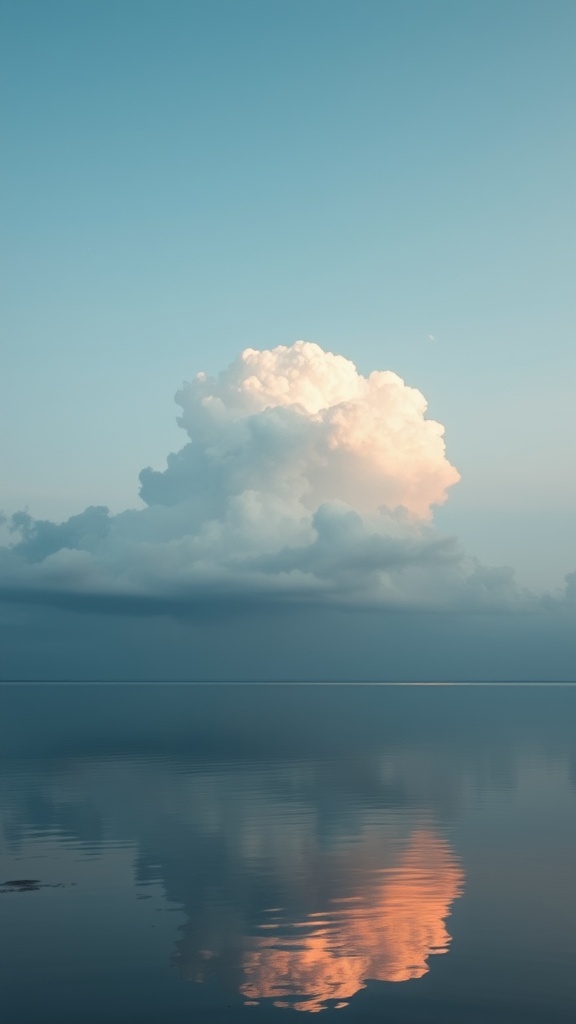 This image captures a tranquil scene of a fluffy, sunlit cloud suspended above a calm body of water. The cloud's reflection creates a symmetrical visual on the serene, glassy surface. The sky transitions from a soft blue at the top to gentle pink and orange hues, creating a peaceful atmosphere.