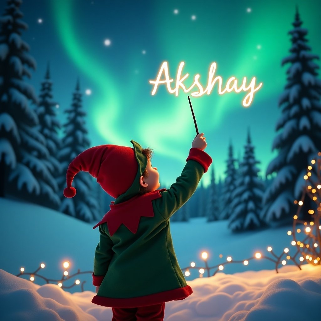 This enchanting scene captures a child dressed in an elf costume, creating a whimsical moment. The child stands with their back to the viewer, gazing up at the captivating northern lights. They hold a wand that spells out ‘Akshay’ in sparkling letters, adding to the magical feel. The background is a serene winter landscape, adorned with snow-covered trees that enhance the festive spirit. Foreground twinkling lights illuminate the scene, generating a warm and cozy ambiance, perfect for the holiday season.