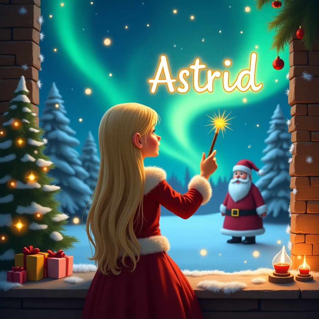 A magical Christmas scene featuring a young girl with long blonde hair, dressed as an elf. She stands with her back to the viewer, gazing up at the night sky. The girl uses a glittering wand to write the name 'Astrid' in the air. In the background, the enchanting northern lights dance above a snowy landscape. Nearby, Santa Claus is seen watching the girl with a warm smile. The atmosphere is festive and filled with the spirit of the holiday season, complete with Christmas trees and gifts.