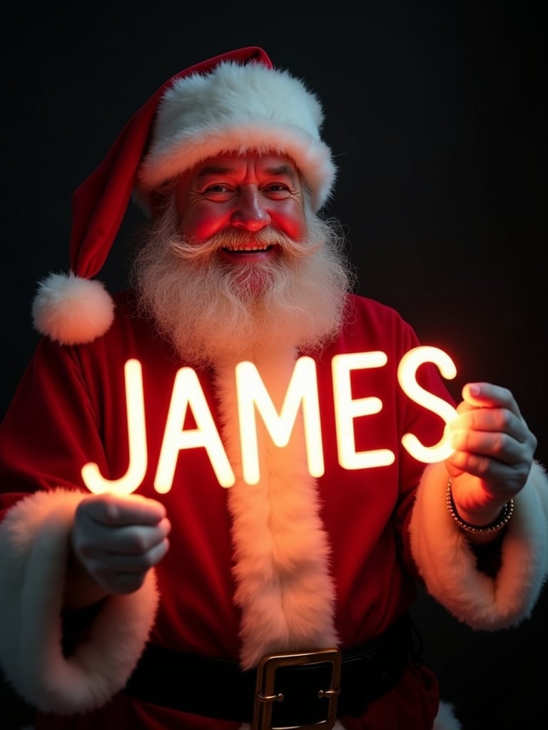 Santa Claus in a traditional red and white suit holds a glow stick that spells the name James. Looking cheerful with a dark background highlighting the glowing text.