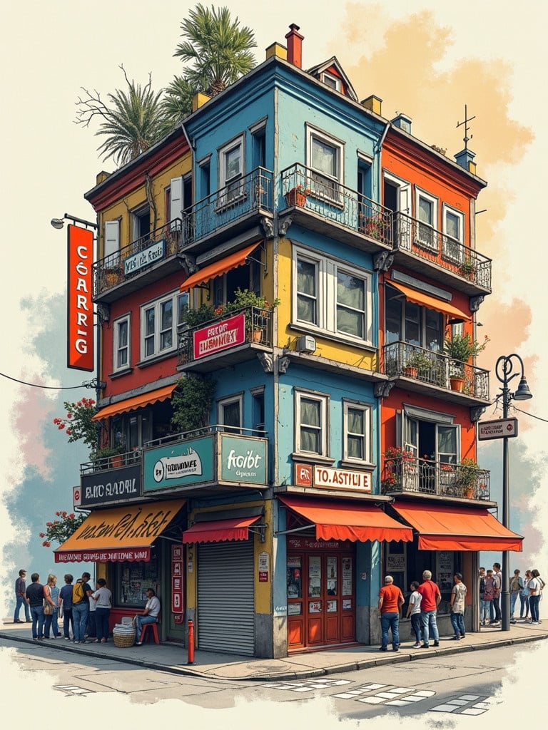 Colorful urban building with vibrant exterior. People gathered around shops and cafes. A lively street scene with various businesses.