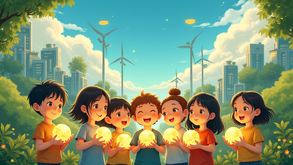 A vibrant Ghibli-style scene featuring children with glowing globes. Children represent diverse backgrounds. Glowing globes symbolize hope. Background includes lush greenery and futuristic eco-buildings. Bright sky with floating wind turbines and solar panels. Soft painterly textures enhance warmth and harmony.