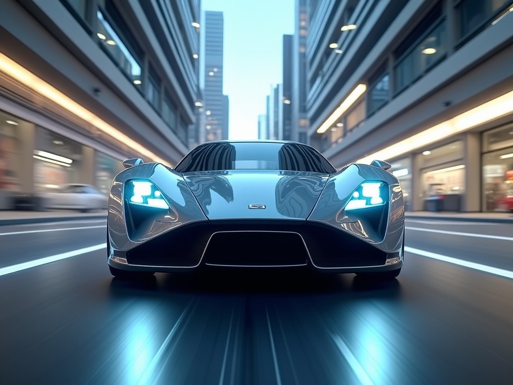 The image shows a sleek, silver sports car positioned prominently in a bustling urban street. The car appears to be in motion with its striking headlights glowing blue, suggesting high technology and speed. Surrounding it is a backdrop of tall buildings, conveying a modern city atmosphere. The low-angle perspective emphasizes the car's aerodynamic design and gives a sense of excitement. The setting is bright and reflective, highlighting the car's polished finish and advanced aesthetics.