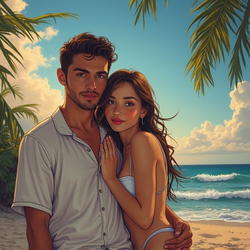 Couple enjoying a romantic moment at the beach. Beautiful tropical setting with palm trees and ocean background. Warm sunlight illuminates the scene. Couples connection is evident in the embrace.