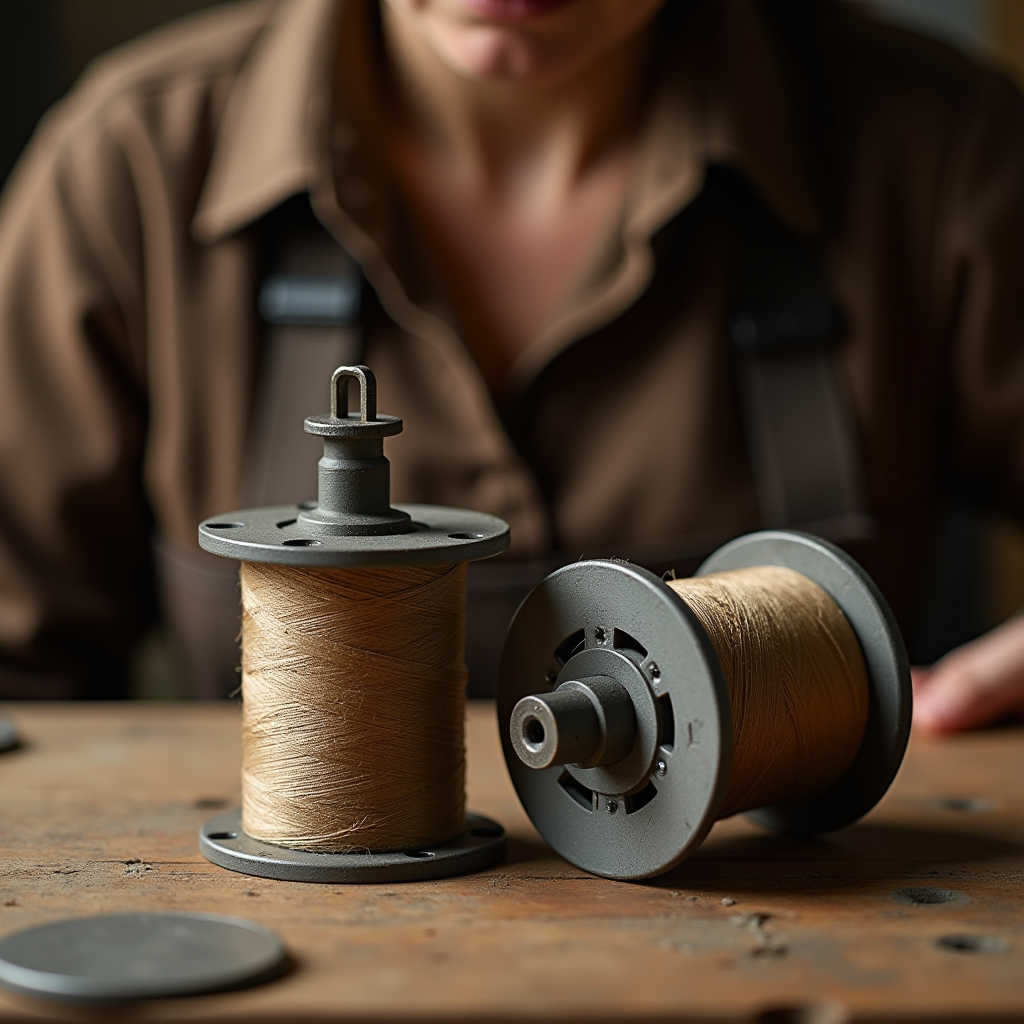 A person sitting at a wooden table with two large spools of thread.