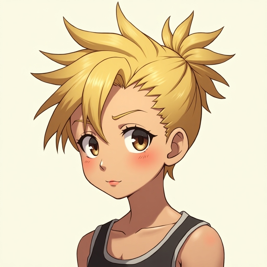 Anime character with spiky blonde hair styled in a ponytail. Youthful appearance with androgynous features. Thick eyebrows and full lips. Brown eyes and tanned skin. Wearing a sleeveless top.