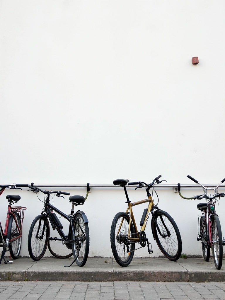 An image displays a white wall featuring a metal rod fixed 1 foot above the ground. Bicycles are parked alongside the wall. Their front wheels are locked to the rod with bike locks. The setting is urban with clear details of the wall and bicycle features.