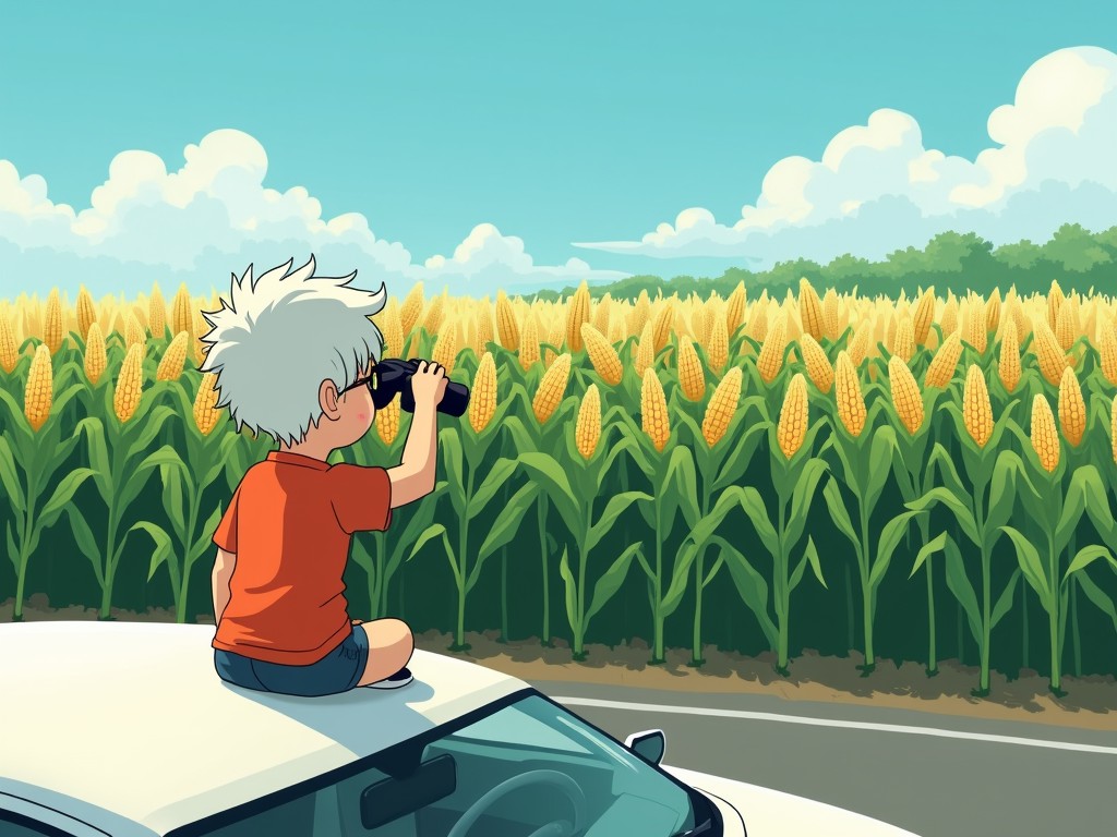 A young child sits atop a car with binoculars, gazing out over an expansive field of corn. The wide field extends to the horizon, under a bright blue sky dotted with fluffy white clouds. The scene evokes a sense of curiosity and exploration, capturing the childlike wonder of discovery in a rural setting.