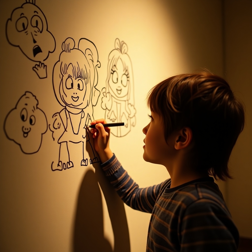 A child creates cute characters on a wall in a warm setting. A playful atmosphere is captured in the art creation process.