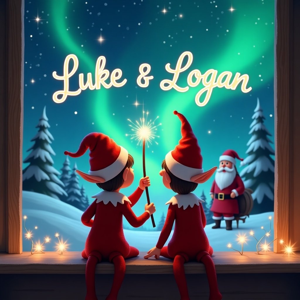 Two elves with backs facing the viewer, one using a wand to write names in the night sky. Background features vibrant northern lights and Santa Claus. Scene is magical, warm, and festive.