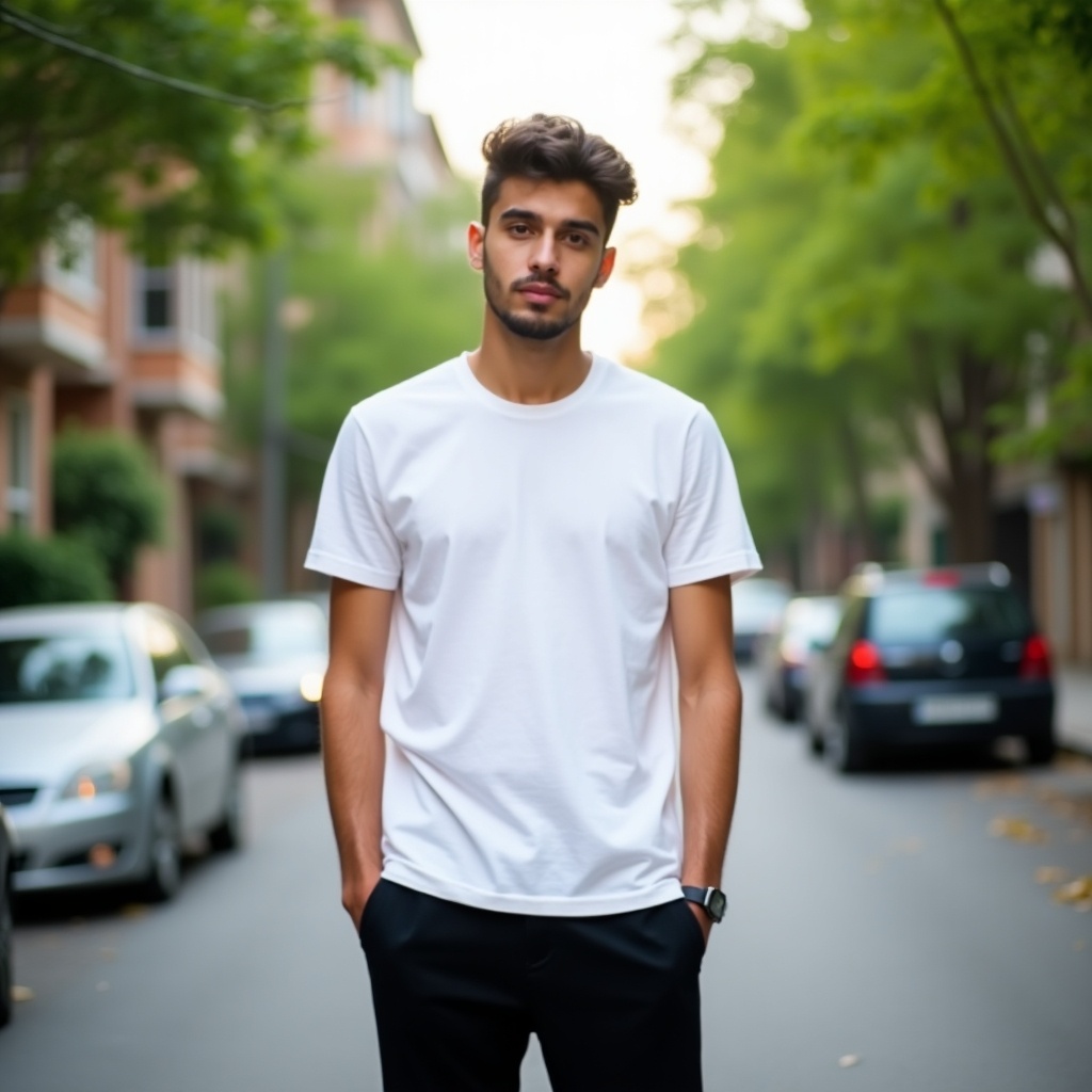 A confident young man stands on a quiet urban street. He wears a white t-shirt and black pants. The street features greenery and parked cars. Soft daylight illuminates the scene, creating a relaxed atmosphere. The background is blurred, focusing on the man. Captures modern city lifestyle.