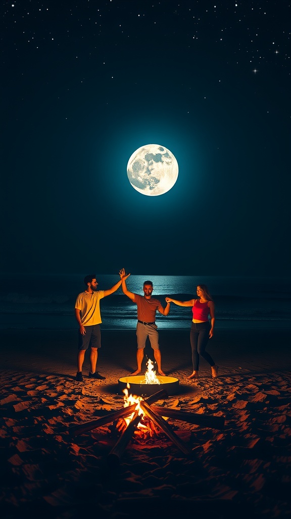 This image captures three people engaged in a joyful moment by a campfire on a sandy beach under a clear night sky. A full moon shines brightly, illuminating the ocean and casting a celestial glow on the scene, while a scattering of stars adds to the ethereal atmosphere. The warm hues of the fire contrast beautifully with the cool tones of the moonlit night.