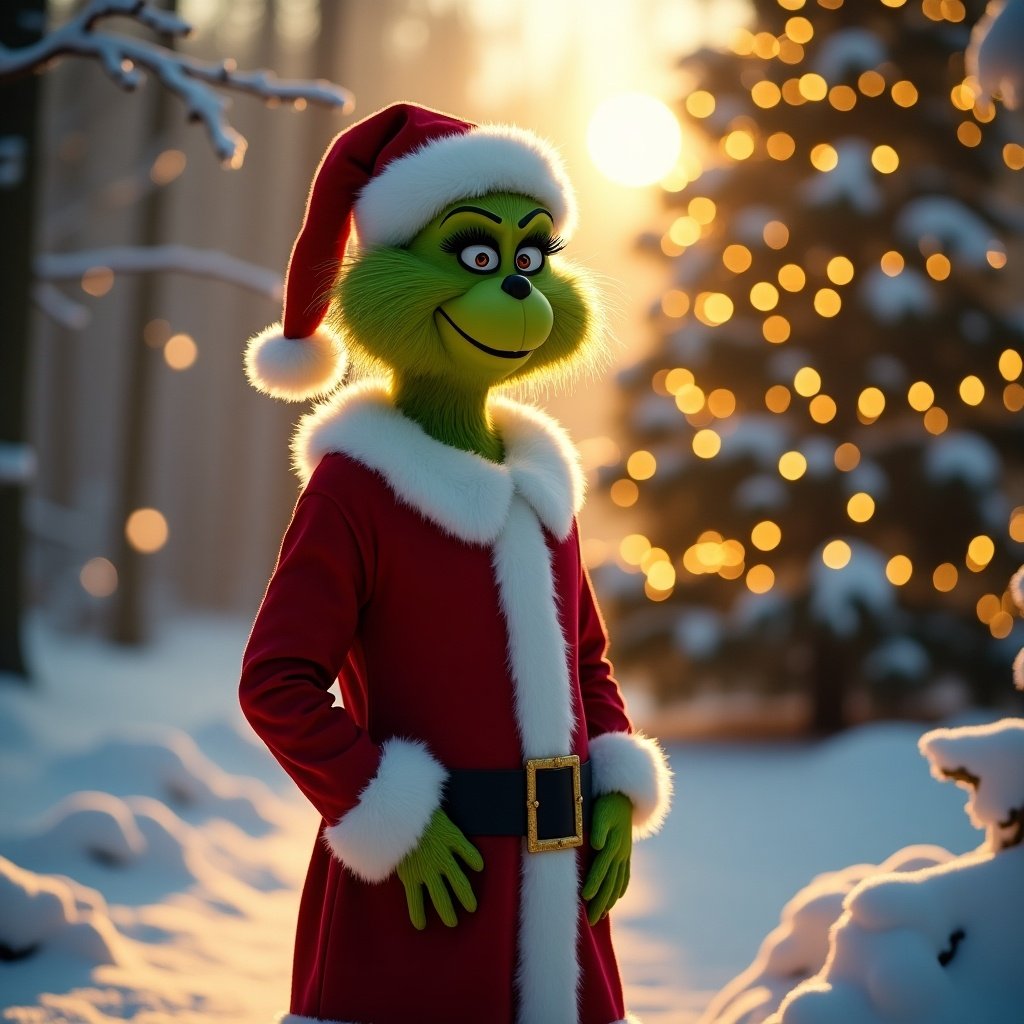 Grinch character in Santa suit and hat. Golden light shines on snow-covered trees. Tall Christmas tree with snow and lights in the background.