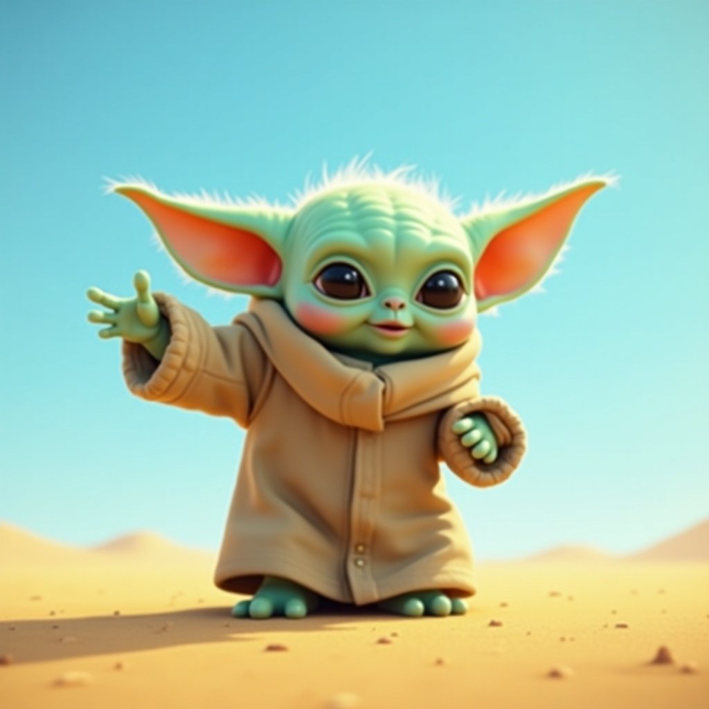 A fantasy character resembling a small green creature with big ears is pointing forward. The background features a blue sky and a yellow desert-like ground. The character is dressed in a light brown robe.