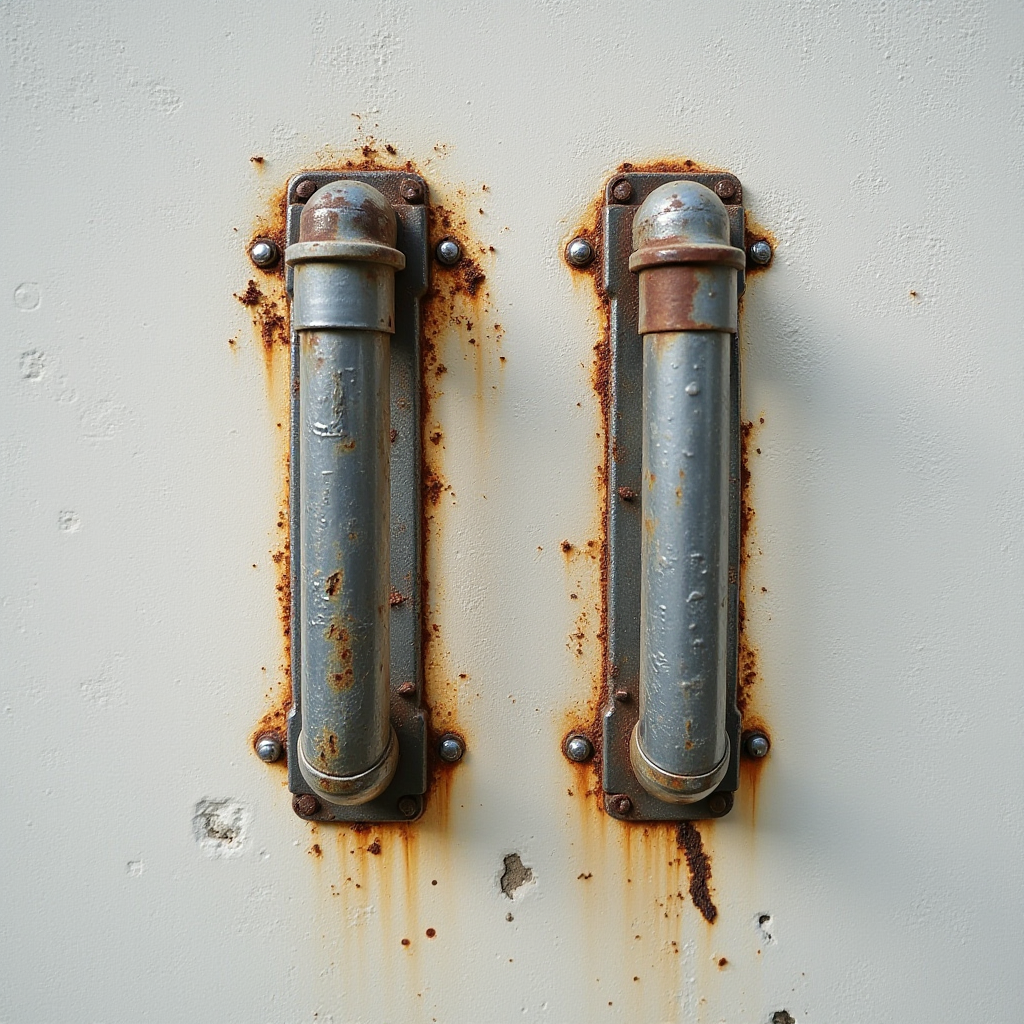 Two rusty metal handles mounted on a white surface.