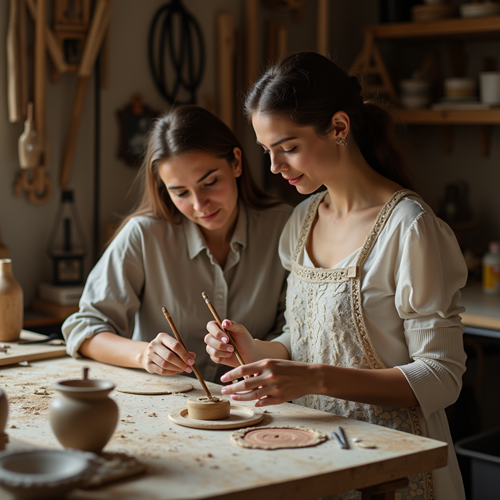 The image depicts two women engaged in creating pottery in a warmly lit studio. They are seated at a workbench filled with clay and pottery tools. One woman is guiding the other, showcasing a teacher-student dynamic as they work on a small clay piece with concentration. The setting is cozy, with wooden shelves displaying various pottery items and tools, contributing to the artistic atmosphere.