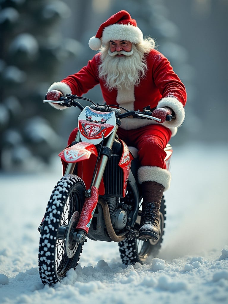 Santa Claus riding a dirt bike through the snow in a winter forest setting.